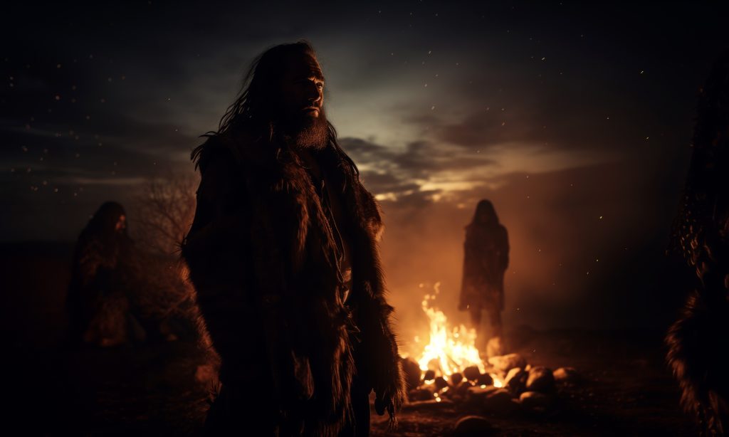 A Stone Age man stands by a campfire. Close-up, no face visible. The morning dawns. The image was produced with artificial intelligence.