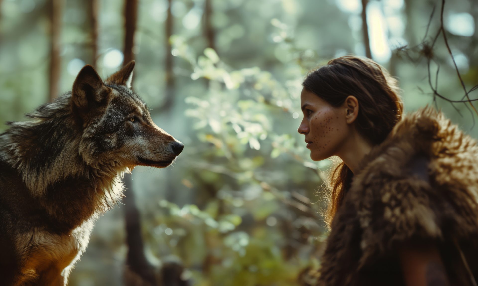 A wolf and a woman look at each other from a close distance in the forest. Calm atmosphere. The image was produced with artificial intelligence.