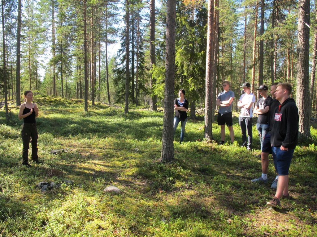 Ihmisiä aurinkoisessa metsässä.
