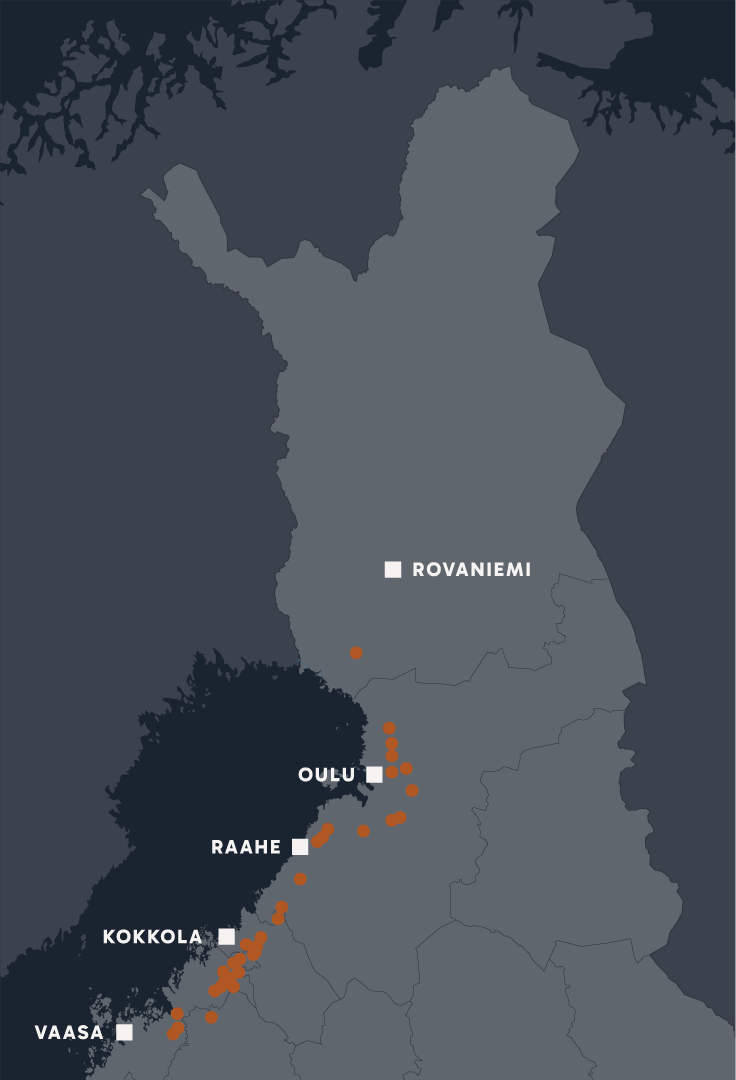 Map of Finland. Red dots along the west coast from Sea Lapland to Vaasa.